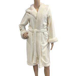 POTTERY BARN Plush Faux Fur Lined Hooded Sherpa Trim Bathrobe Ivory Sz S